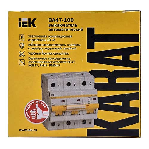 Автоматический выключатель IEK KARAT ВА47-100 3P 100A тип С 10 кА Автоматический выключатель IEK KARAT ВА47-100 3P 100A тип С 10 кА