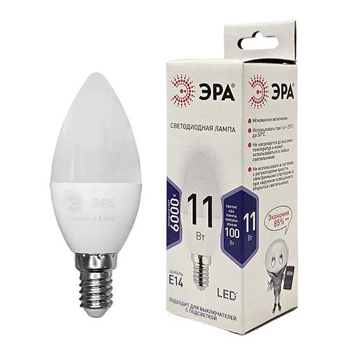 Лампа светодиодная ЭРА Standart свеча E14 11W 6000K 220V Лампа светодиодная ЭРА Standart свеча E14 11W 6000K 220V