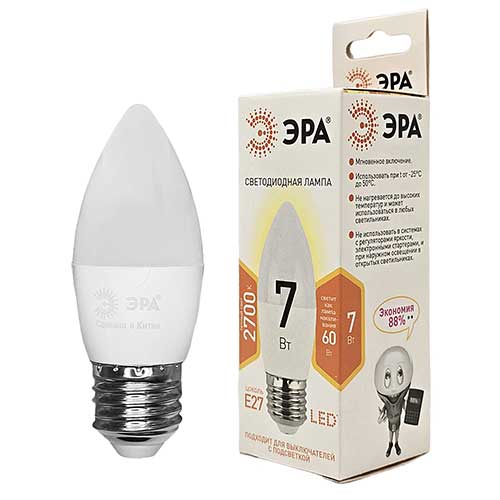 Лампа светодиодная ЭРА Standart свеча E27 7W 2700K 220V Лампа светодиодная ЭРА Standart свеча E27 7W 2700K 220V