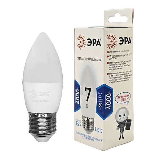 Лампа светодиодная ЭРА Standart свеча E27 7W 4000K 220V Лампа светодиодная ЭРА Standart свеча E27 7W 4000K 220V