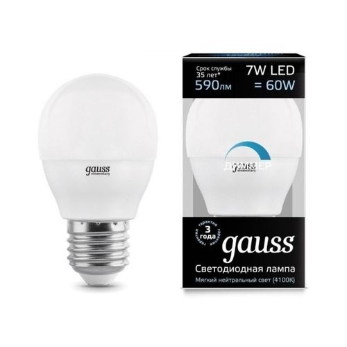 Лампа светодиодная GAUSS E27 7W 4100K 220V диммируемая шар Лампа светодиодная GAUSS E27 7W 4100K 220V диммируемая шар