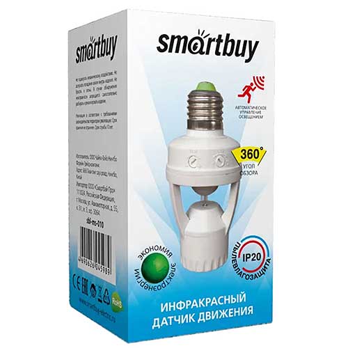 Датчик движения инфракрасный Smartbuy в патрон E27 6 метров 1200W белый Датчик движения инфракрасный Smartbuy в патрон E27 6 метров 1200W белый