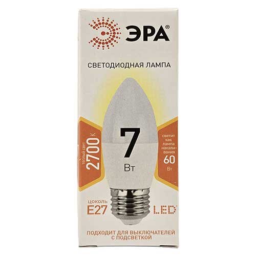 Лампа светодиодная ЭРА Standart свеча E27 7W 2700K 220V Лампа светодиодная ЭРА Standart свеча E27 7W 2700K 220V