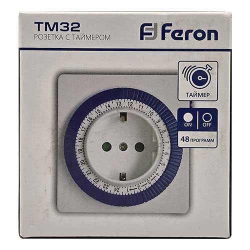 Розетка с таймером FERON TM32 96 программ суточная механическая 16А 3500W Розетка с таймером FERON TM32 96 программ суточная механическая 16А 3500W