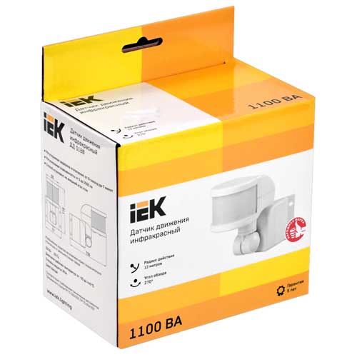 Датчик движения инфракрасный IEK ДД-018В угловой 270° 12 метров 1100W белый Датчик движения инфракрасный IEK ДД-018В угловой 270° 12 метров 1100W белый