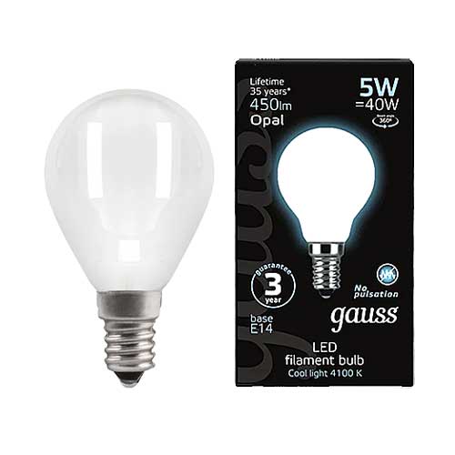 Лампа светодиодная GAUSS Filament шар OPAL E14 5W 4100K 220V Лампа светодиодная GAUSS Filament шар OPAL E14 5W 4100K 220V