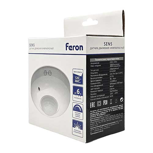 Датчик движения инфракрасный FERON SEN5 потолочный 360° 6 метров 1200W белый Датчик движения инфракрасный FERON SEN5 потолочный 360° 6 метров 1200W белый