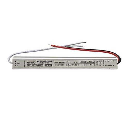 Блок питания негерметичный General 12V 18W 1,5A IP20 ультратонкий металлический корпус Блок питания негерметичный General 12V 18W 1,5A IP20 ультратонкий металлический корпус