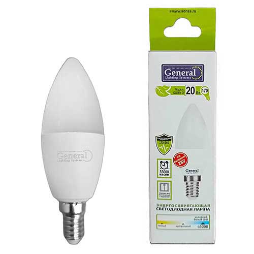 Лампа светодиодная свеча General Lighting Systems E14 20W 6500K 220V Лампа светодиодная свеча General Lighting Systems E14 20W 6500K 220V