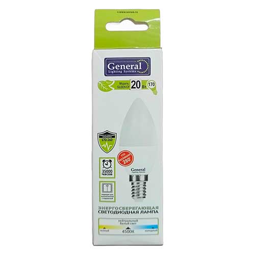 Лампа светодиодная свеча General Lighting Systems E14 20W 4500K 220V Лампа светодиодная свеча General Lighting Systems E14 20W 4500K 220V