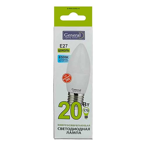 Лампа светодиодная свеча General Lighting Systems E27 20W 6500K 220V Лампа светодиодная свеча General Lighting Systems E27 20W 6500K 220V