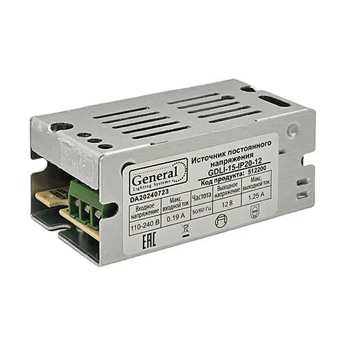 Блок питания негерметичный General 12V 15W 1,25A IP20 стандартный металлический корпус Блок питания негерметичный General 12V 15W 1,25A IP20 стандартный металлический корпус