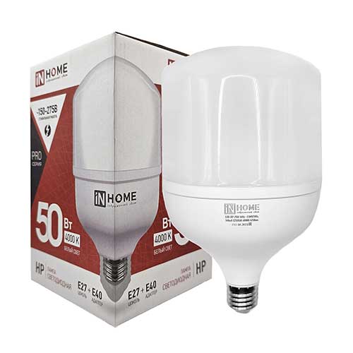 Светодиодная лампа IN HOME груша E27-E40 50W 4000K 220V с адаптером E40 Светодиодная лампа IN HOME груша E27-E40 50W 4000K 220V с адаптером E40