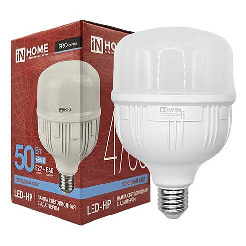 Светодиодная лампа IN HOME груша E27-E40 50W 6500K 220V с адаптером E40 Светодиодная лампа IN HOME груша E27-E40 50W 6500K 220V с адаптером E40