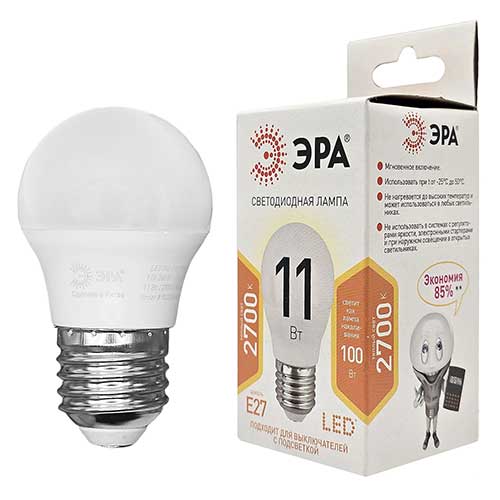 Лампа светодиодная ЭРА Standart шар E27 11W 2700K 220V Лампа светодиодная ЭРА Standart шар E27 11W 2700K 220V
