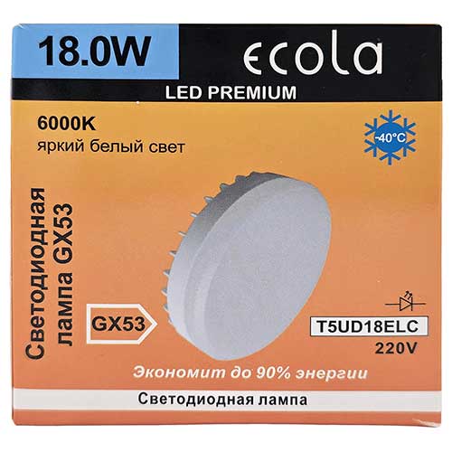 Светодиодная лампа Ecola GX53 LED Premium 18W 220V 6000K таблетка матовая Светодиодная лампа Ecola GX53 LED Premium 18W 220V 6000K таблетка матовая