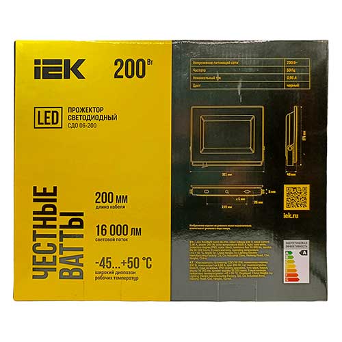 Прожектор светодиодный IEK LIGHTING 200W 6500K IP65 черный корпус Прожектор светодиодный IEK LIGHTING 200W 6500K IP65 черный корпус